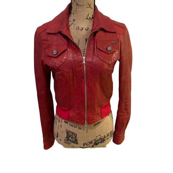 EXTO Made In Italy Red Leather Women' Bomber Jacket SZ Xsmall Vera Pelle Leather - Picture 2 of 9